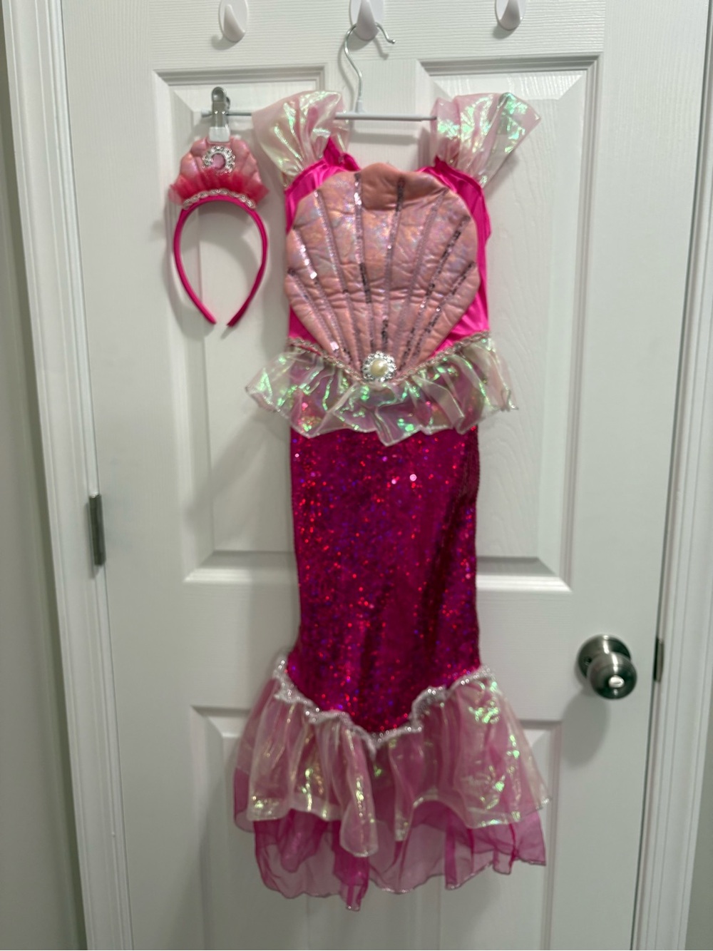 Girls Pink Sequin Mermaid Costume with Shell Bodice and Headband